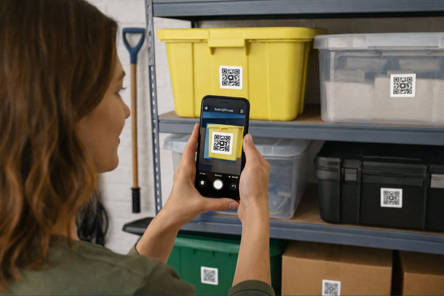 Mixed home storage bins on garage shelves