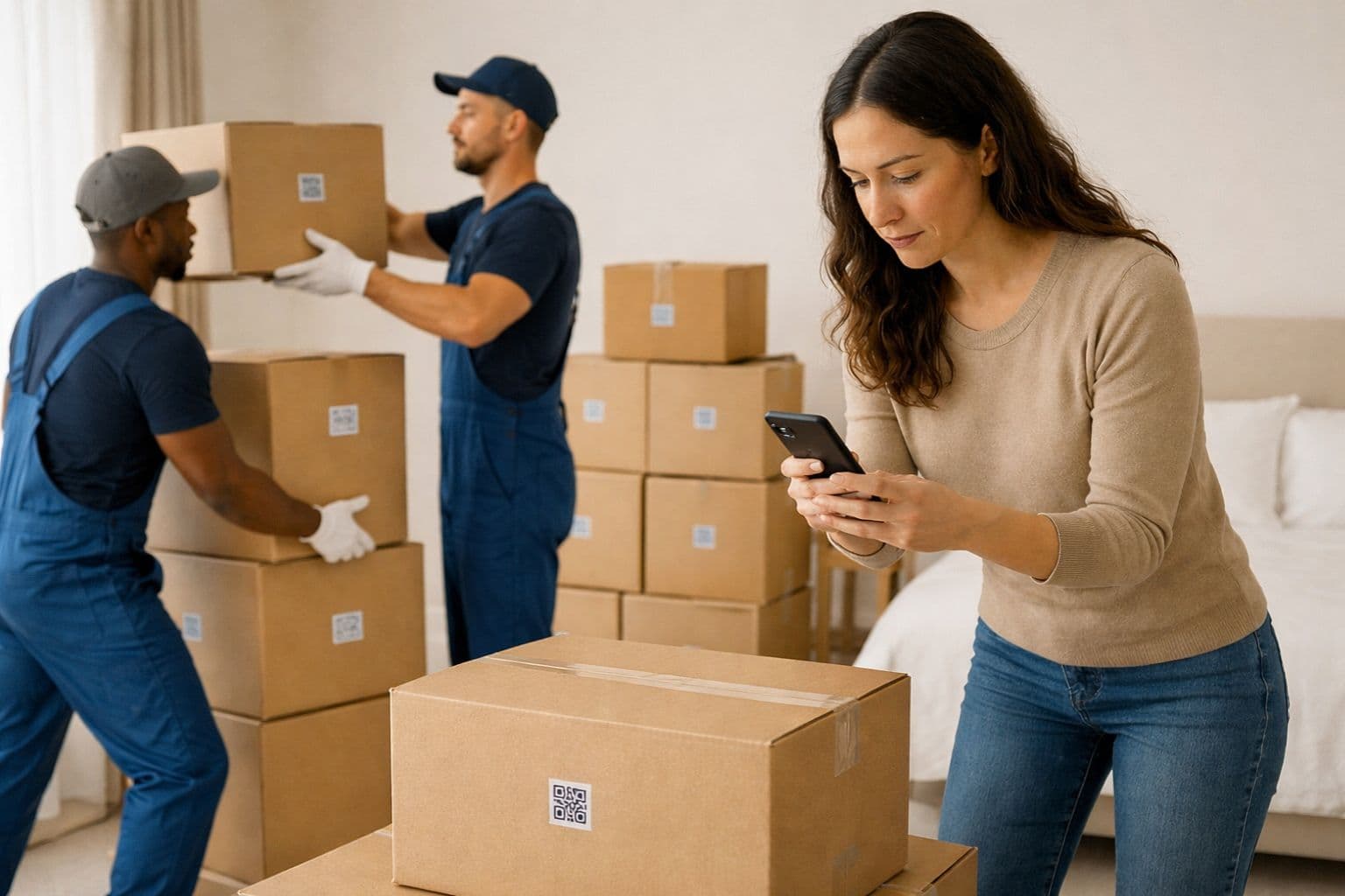 Packed moving boxes and bins ready for storage